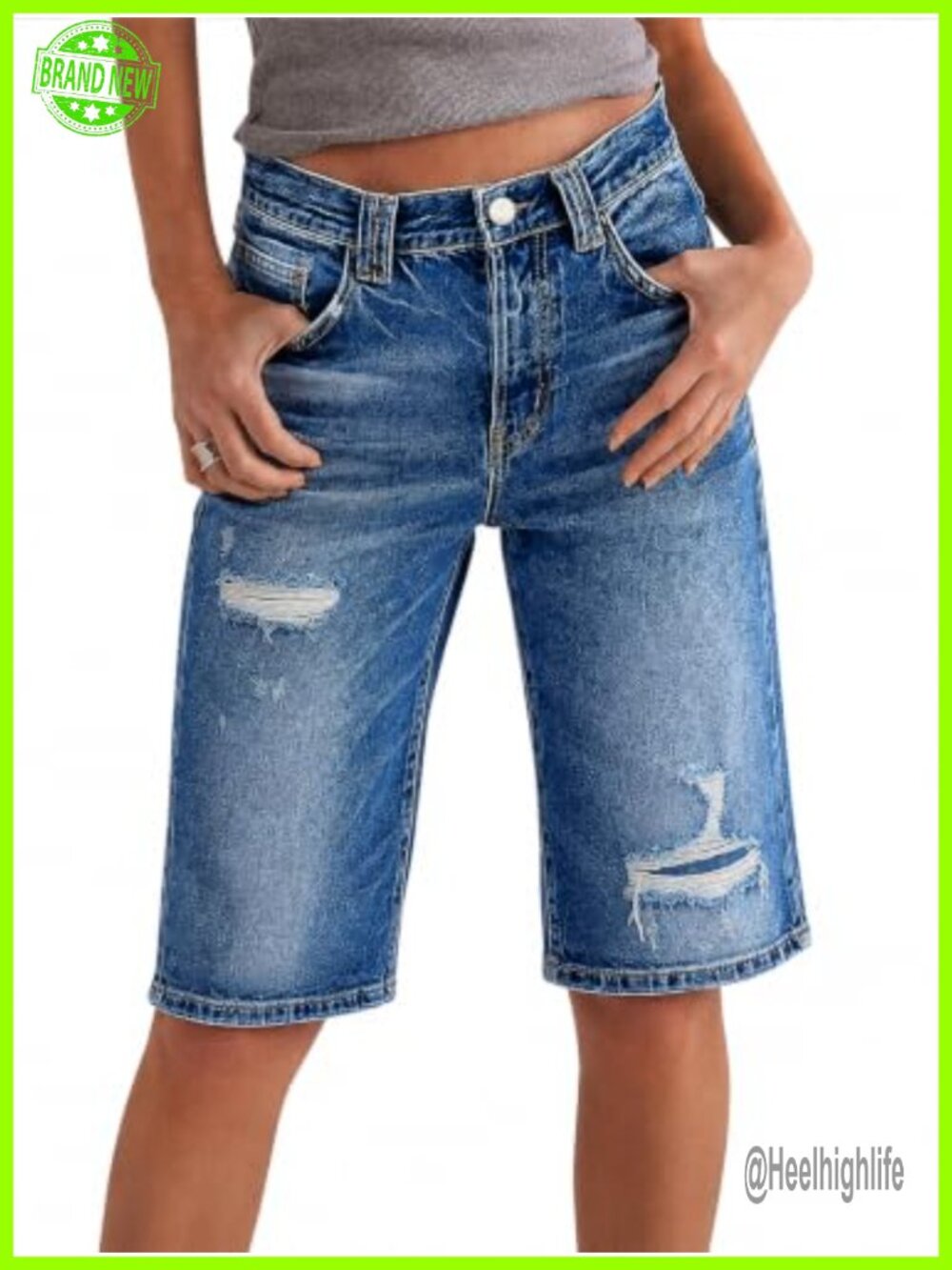 Flamingals Womens High Rise Ripped Denim Bermuda Shorts Stretch